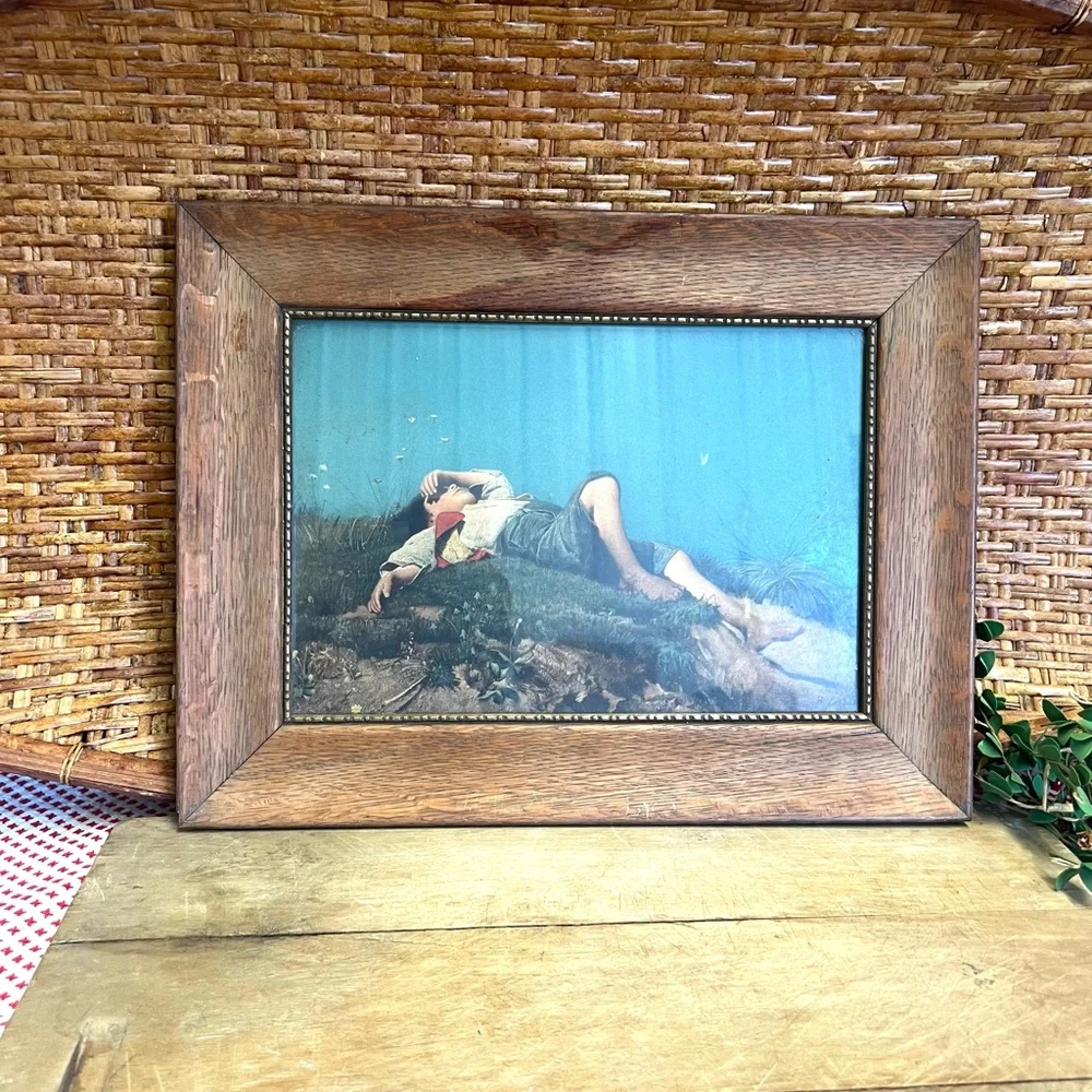 Vintage framed picture Purcell art company wood frame decor boy looking sky